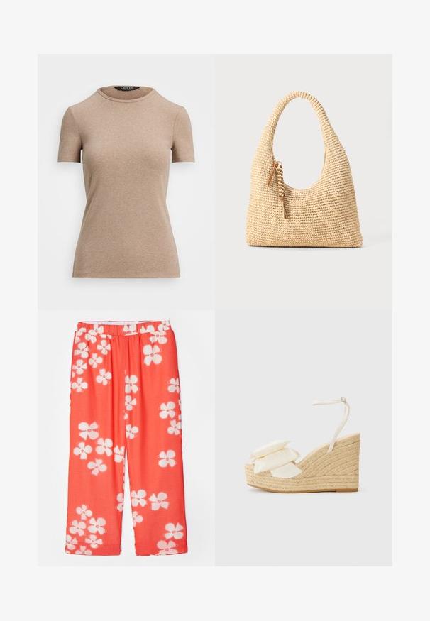 Lauren Ralph Lauren STRETCH COTTON CREWNECK TEE - T-shirt basic - adirondack heather; Rode bloemenpatroon broek van een lichtgewicht, gestructureerde stof. Beschikt over een elastische tailleband en een brede, rechte pijp.; Wedge sandaal met een natuurlijk jute platform, een crèmekleurige stoffen bovenwerk en twee gelaagde bloemaccenten; heeft een dunne enkelband met gespsluiting.; Geweven beige handtas met een gebogen handvat, textuur oppervlak en een bruine kwastdetail. Heeft een slonzige, hobo-vorm.