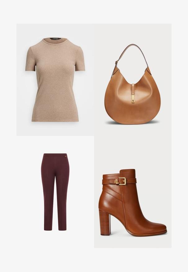 Lauren Ralph Lauren STRETCH COTTON CREWNECK TEE - T-shirt basique - adirondack heather; Pantalons extensibles bordeaux avec une texture lisse, un design ajusté et une taille simple ; présente un détail de logo minimaliste.; Bottines en cuir marron avec un bout arrondi, détail de boucle dorée sur la sangle et un talon en bois texturé. Finition lisse et design élégant.; Sac à main en cuir tan avec une forme courbée et une large bandoulière. Présente un accent en métal doré au centre et une texture lisse.
