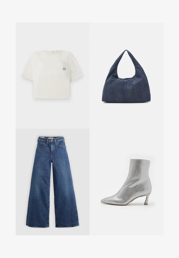 Izgriezta, īsām piedurknēm t-krekls off-white kokvilnā. Iekļauj priekšējo kabatu ar drukātu logotipu un noapaļotu kakla izgriezumu. Gluda tekstūra.; Platas kājas zilo džinsu bikses ar piecām kabatām, pogu aizdari un kontrastējošu šuvumu, ar mīkstu un teksturētu apdari.; Sudraba potītes zābaki ar teksturētu, acs līdzīgu virsmu, smailu purngalu un zemu, strukturētu papēdi. Iekšpusē ir gluda odere.; Tumši zilās džinsu soma ar mīkstu, vaļīgu formu, aprīkotā ar hobo stila rokturi un teksturētu virsmu. Nav redzamu metāla detaļu.