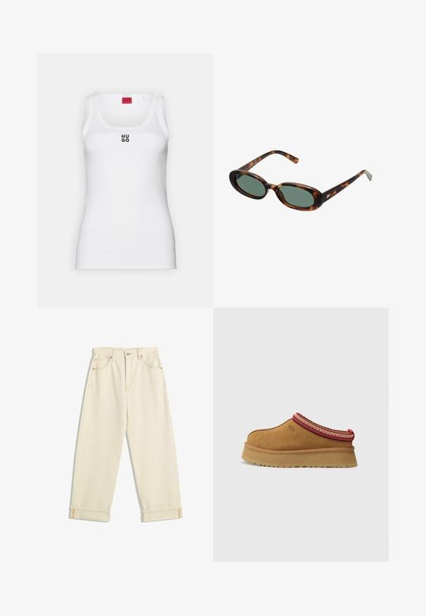 Fehér, pamutból készült, egyszerű dizájnnal rendelkező tank top, kerek kivágással és középen fekete "HUGO" logóval. Sima textúra.; Krém színű, laza szabású farmernadrág, felgombolt szegéllyel, kontrasztos narancssárga varrással, elülső és hátsó zsebekkel.; Barna velúr slip-on cipő piros és krém mintás díszítéssel, textúrált talppal és UGG logóval az oldalon. Könnyű platformmagassággal rendelkezik.; Tortojásmintás napszemüveg ovális kerettel és zöld lencsékkel. Vékony szárakkal rendelkezik, fémes kiegészítővel a csuklók közelében.; Szövetelt barna kézitáska lekerekített fogantyúval, puha bőrből készült. Cipzáros zárással és bonyolult kosárfonat mintával rendelkezik.