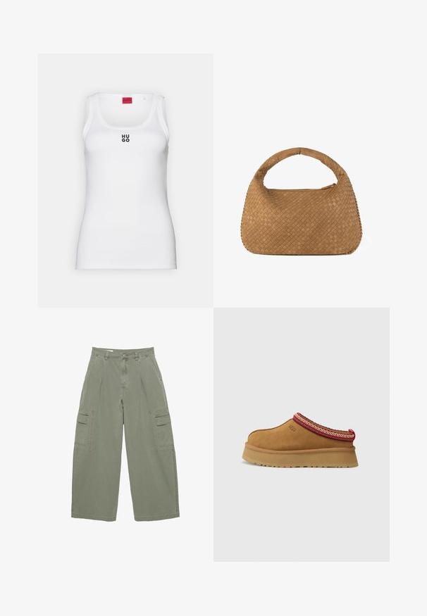 Weißes Tanktop aus Baumwolle, mit einem schlichten Design, runder Ausschnitt und schwarzem "HUGO"-Logo in der Mitte. Glatte Textur.; Olivgrüne Cargo-Hosen mit weit geschnittenen Beinen, ausgestattet mit zwei seitlichen Taschen und einem Knopfverschluss. Aus strapazierfähigem Baumwollstoff gefertigt.; Braune Wildleder-Slipper mit rot-creamfarbenem gemusterten Besatz, strukturiertem Absatz und UGG-Logo an der Seite. Verfügt über eine leichte Plattformhöhe.; Geflochtene braune Handtasche mit einem abgerundeten Griff, aus weichem Leder gefertigt. Verfügt über einen Reißverschluss und ein filigranes Korbmuster.