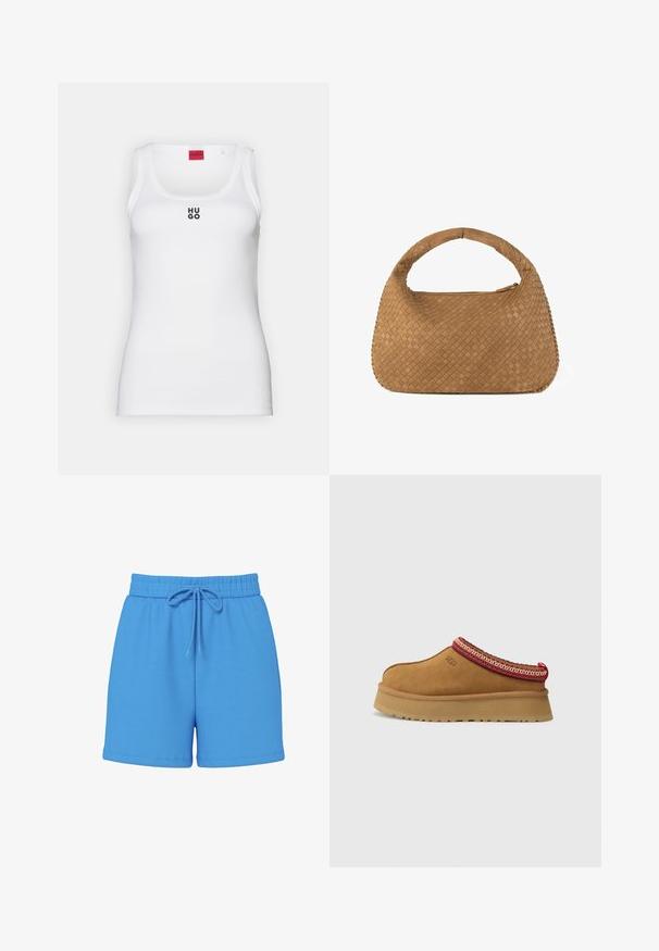 Biely tielko z bavlny, s jednoduchým dizajnom a zaobleným výstrihom, s čiernym logom "HUGO" v strede. Hladká textúra.; Modré bavlnené šortky s elastickým pásom a šnúrkou na stiahnutie. Hladká textúra, dĺžka nad kolená, bez viditeľných vzorov alebo akcentov.; Hnedá semišová obuv na slip-on s červeným a krémovým vzorovaným lemovaním, textúrovanou podrážkou a logom UGG na boku. Obsahuje mierne zvýšenú platformu.; Tkaná hnedá kabelka s zaoblenou rukoväťou, vyrobená z mäkkej kože. Obsahuje zips a zložitý vzor košíčkového tkania.