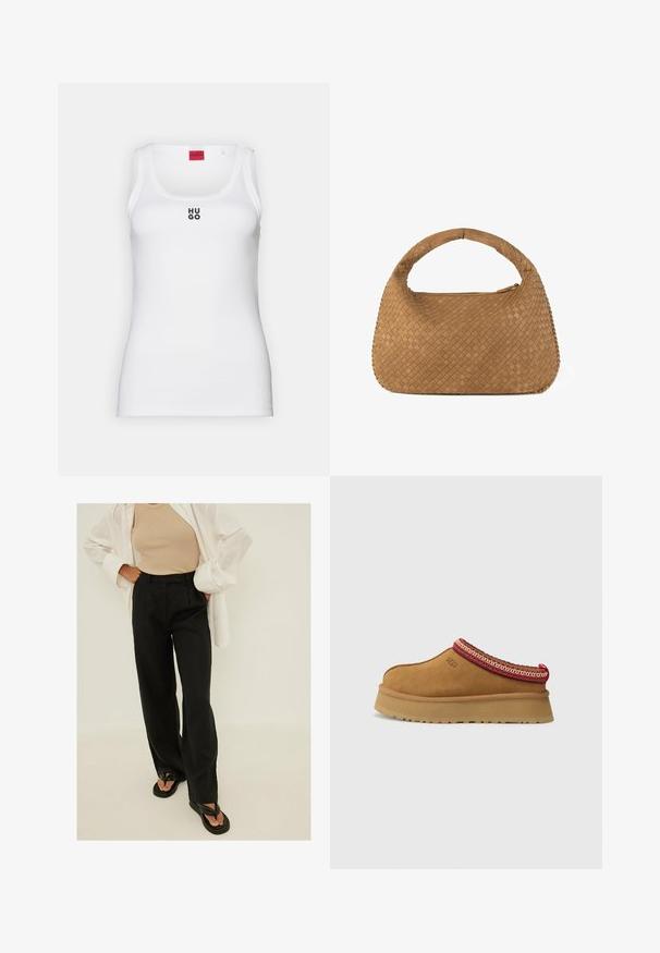 Balts tīrās kokvilnas topiņš ar vienkāršu dizainu, noapaļots dekoltē un melns "HUGO" logo centrā. Gluda tekstūra.; Melnas augsto jostasvietu platas bikses, izgatavotas no viegla auduma, ar priekšējiem krokām un gludu tekstūru. Saskaņotas ar vienkāršām melnām flip-flop sandalēm.; Brūni zamšs iegriežamie apavi ar sarkanu un krēmīgu rakstu apdari, strukturētu zoli un UGG logotipu malā. Iezīmē vieglu platformas augstumu.; Austa tan krāsas rokassoma ar noapaļotu rokturi, izgatavota no mīkstas ādas. Tajā ir rāvējslēdzēja aizdare un sarežģīts groza pinuma raksts.