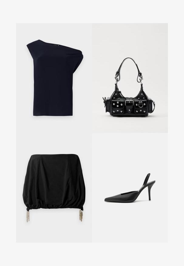 Asümmeetriline must topp, mis on valmistatud siledast kangast ja millel on kerge laskumine. Omab ühte õlavarre disaini ja minimaalseid detaile.; Musthave mustrikigaot, millel on kokku venitav disain, elastne äär ja metallist klambrid aktsentidena. Valmistatud kergetest kangast.; Must have kottid musta värviga salke, teravaninalised, siledast nahast ja stiilse, minimalistliku disainiga. Kõrge stiletto konts.; Must värvi nahast käekott, millel on kaarjas disain, hõbedased nupukesed, kinnitusahe ja kaks külgtaskut. Reguleeritav rihm erinevate kandmisvõimaluste jaoks.