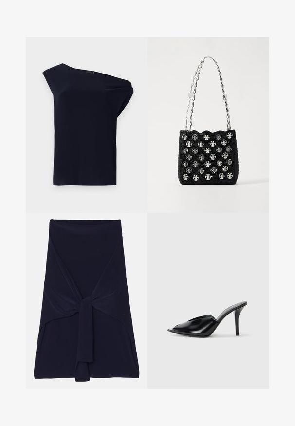 Asümmeetriline must topp, mis on valmistatud siledast kangast ja millel on kerge laskumine. Omab ühte õlavarre disaini ja minimaalseid detaile.; Tumesinine mähkme seelik, mis on valmistatud pehmest, venivast kangast, millel on ees sõlmes kujundus, silmapaistva sileda tekstuuri ja täpselt viimistletud servadega.; Mustad nahast kõrge kontsaga mulad avatud varbaga, terava disainiga, siledapinnalised ja kitsaste stilettokontsadega.; Rabanne Käekott - black/silver; Kullatud tooni kõrvarõngad, millel on Saturni disain, tekstureeritud ribaga ja sisse pandud ringikujulised kristallid lisasära jaoks.