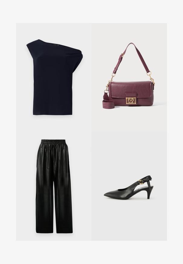 Aszimmetrikus fekete felső sima anyagból, enyhe eséssel. Egyvállas kialakítással és minimális részletezéssel rendelkezik.; Fekete bőr széles szárú nadrág, rugalmas derékkal, két oldalsó zsebbel és sima, fényes textúrával.; Fekete bőr slingback szivattyú hegyes orral, kis sarokkal és csat részlettel a bokapánton. Simaság, minimalista dizájn.; Sötétlila bőr válltáska arany szív alakú zárakkal és állítható felső pánttal fehér háttér előtt.