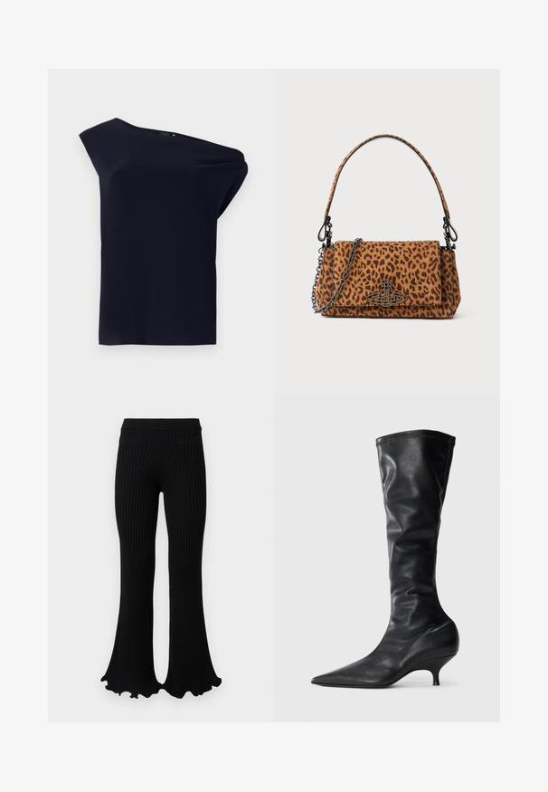 Asimetriška juoda palaidinė, pagaminta iš lygaus audinio su lengvu drapiruojimu. Pasižymi vienos peties dizainu ir minimaliais akcentais.; Rabanne Kelnės - black; Juodos odinės iki kelių siekiančios botai su smailiu pirštu ir siauru, lenktu kulnu. Minkšta tekstūra ir glotnus apdaila su minimaliais siuvimo elementais.; Žirafos rašto rankinė, pagaminta iš zomšos, su trumpa rankena, grandinėlės dirželiu ir juodo metalo užsegimu. Stačiakampio formos, su uždėta užsklanda.