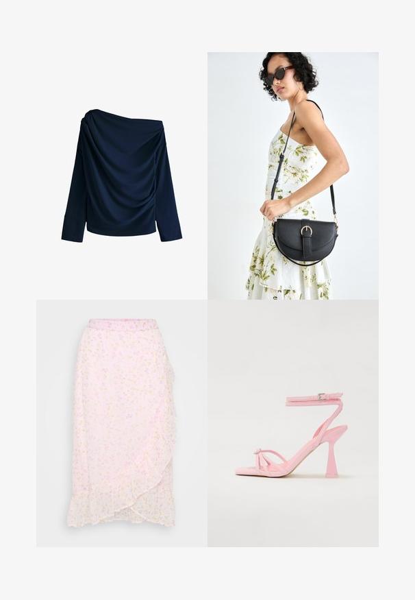 Marine off-shoulder top van gladde stof, met draperingen en lange mouwen met brede manchetten.; Vero Moda Petite VMSMILLA WRAP SKIRT - Wikkelrok - pink a boo/aura; Roze hoge sandalen met een gestructureerd ontwerp en enkelgesp. Bevat een decoratief element bij de teen en een modern, taps toelopend hakontwerp.; Zwarte leren handtas met een gebogen vorm, afneembare schouderband en gouden hardware. De tas heeft een klep met een gespsluiting.