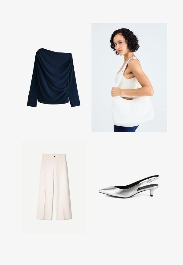 Marineblusiges Oberteil mit schmalen Ärmeln, aus glattem Stoff, mit drapierten Details und langen Ärmeln mit breiten Manschetten.; Cremfarbene weitem Hosen mit maßgeschneidertem Design, ausgestattet mit zwei vorderen Taschen und einem vorderen Knopfverschluss, aus glattem Stoff gefertigt.; Silberne metallische Slingback-Pumps mit spitzem Schuhspitze, niedrigem Kitten-Absatz und glatter Textur. Mit einem schmalen Riemen und einer kleinen Schnallendetail.; Weißer Schultertasche aus glattem Material mit ovalem Ausschnitt und breitem Tragegurt. Einfach und modern, ohne sichtbare Hardware.