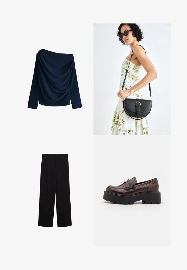 Mornarska off-the-shoulder majica iz gladkega materiala, z drapiranimi detailli in dolgimi rokavi s širokimi manšetami.; Črne široke hlače iz gladkega materiala, z gubami spredaj in stranskimi žepi, zasnovane v ravnem, sproščenem kroju.; Madden Girl CALISTA - Čevlji brez vezalk - brown; Črna usnjena torbica s ukrivljeno obliko, z odstranljivo naramnico in zlatimi dodatki. Torbica ima pokrov s podrobnostmi v obliki zaponke.