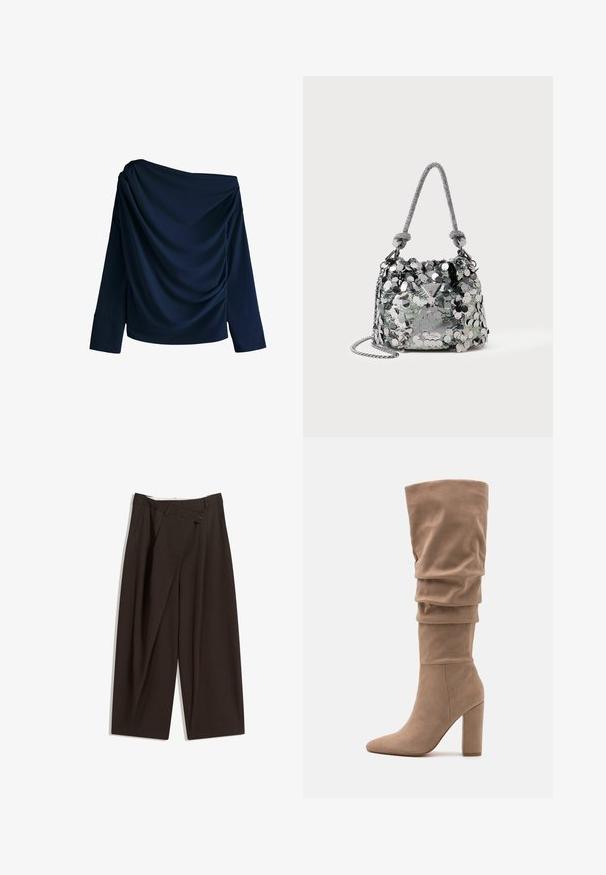 Námornícky off-the-shoulder top vyrobený z hladkej tkaniny, so záhybmi a dlhými rukávmi s širokými manžetami.; Tmavohnedé široké nohavice s vysokým pásom, s jedným gombíkom a záhybmi vpredu. Vyrobené z ľahkej textílie.; Anna Field Čižmy - beige; Malá strieborná kabelka pokrytá veľkými flitrami s uzlovou rúčkou a reťazovým popruhom, na prednej strane s logom značky Guess.