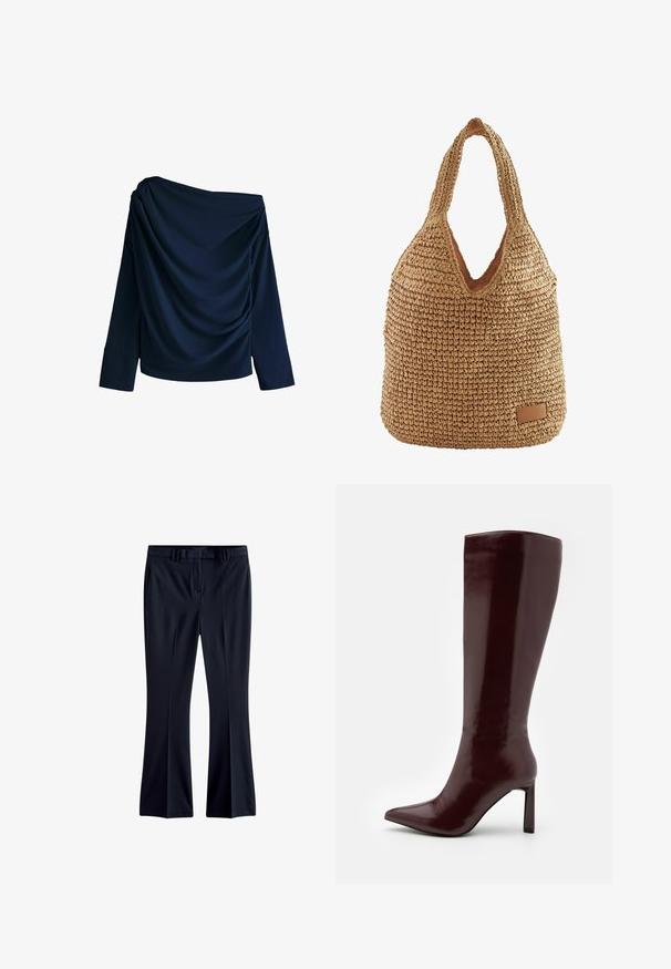 Top navy scollato sulle spalle realizzato in tessuto morbido, con dettagli drappeggiati e maniche lunghe con ampi polsini.; Pantaloni a campana blu navy realizzati in tessuto liscio, dotati di passanti per la cintura, tasche laterali e un design frontale piatto. Taglio a matita nelle gambe.; Even&Odd Stivali alti - dark red; Borsa in paglia intrecciata dalla forma morbida, colore beige, apertura a forma di V e un'etichetta in pelle nella parte inferiore. Texture morbida.