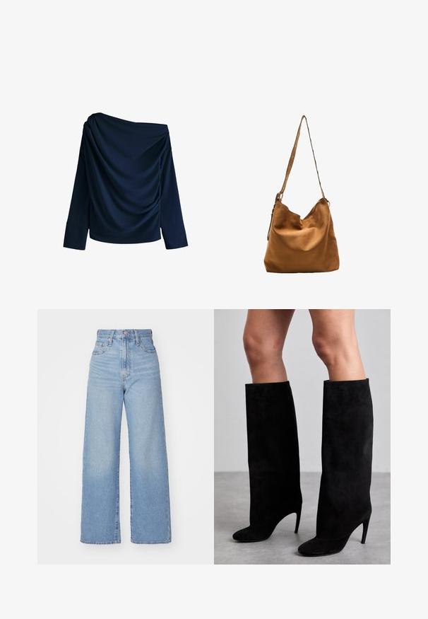 Haut marin à épaules dénudées en tissu lisse, comportant des détails drapés et des manches longues avec des poignets larges.; Jean large en denim bleu clair. Avec taille haute, conception à cinq poches et fermeture à bouton. Coupe droite avec un ourlet net.; Bottes noires à hauteur de genou en suede doux, avec un bout pointu et un fin talon stiletto. Texture lisse et design sans couture.; Sac à main en daim marron avec une texture douce, un bord supérieur arrondi et une longue bandoulière ornée de clous en métal décoratifs.; Boucles d'oreilles créoles dorées avec une finition polie, dotées d'un design strié et d'une fermeture à tige. Forme ronde et épaisse.