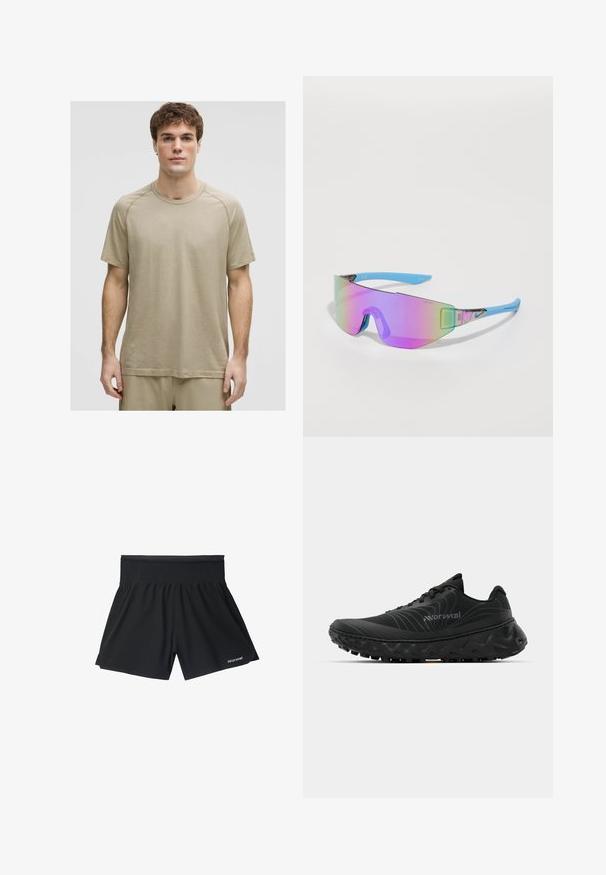 T-shirt beige à manches courtes en tissu texturé, avec un col rond et des manches raglan, présentant des détails de motif subtils.; Shorts de sport noirs avec une large taille élastique, offrant une coupe ample et un logo discret sur le bas à gauche. Texture lisse.; Chaussures de sport noires avec une tige texturée, un talon renforcé, une semelle courbée et un motif de traction agressif. Détail de design en vagues remarquable.; Lunettes de soleil Nike avec une grande lentille dégradée passant du violet au vert, dotées d'une monture en plastique bleu et d'un design élégant et angulaire.