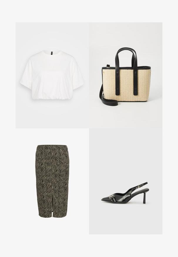 Bijela skraćena T-shirt majica izrađena od mekanog pamuka. Ima okrugli izrez, kratke rukave i nabrani rub za opušteni izgled.; Smeđa i bež olovka suknja s uzorkom tigrovih pruga, izrađena od teksturiranog materijala, s prorezom sprijeda.; Crna lakirana slingback cipela s izduženim vrhom, remenčićima oko gležnja s srebrnim kopčama i dijelovima, te vitkim potplatom.; Tote torba od tkanog slame s crnim kožnim ručkama i detaljima. Pravokutnog oblika, prostrano unutrašnjost i odvojiva naramenica.; Boucle zlatnog tona u obliku srca s teksturiranom završnom obradom, s visećom bisernom akcentom. Uključuje odgovarajuće ljubavne stud-voje.