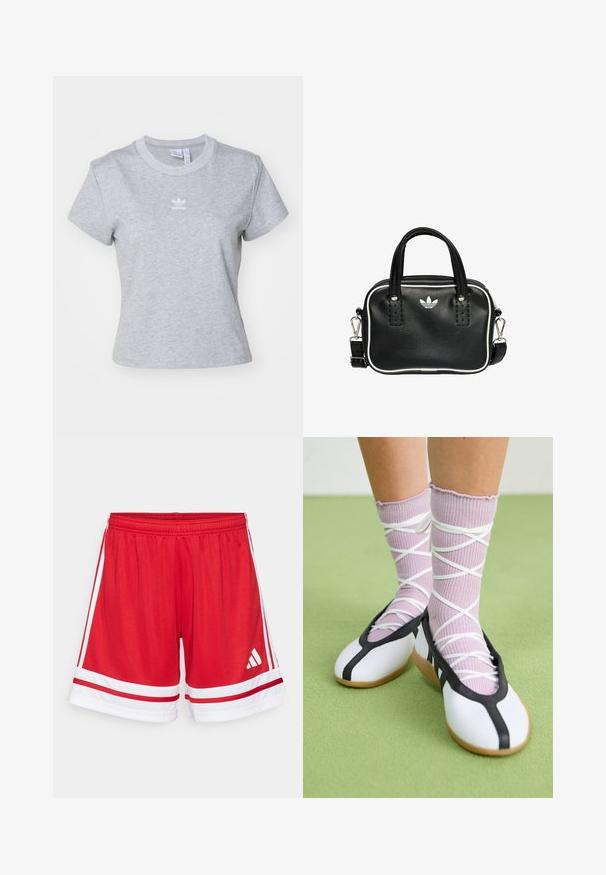 adidas Originals - T-shirt basic; Czerwone sportowe szorty z elastycznym pasem, białymi paskami po bokach i białymi akcentami u dołu. Posiadają logo Adidas w kolorze białym.; Białe płaskie buty z czarnym wykończeniem i podeszwą, w połączeniu z jasnofioletowymi skarpetkami w prążki z białymi krzyżującymi się paskami. Ustawione na zielonym tle.; Czarna skórzana torebka z dwoma krótkimi uchwytami, srebrnymi akcentami, białymi detalami i białym logo. Posiada teksturowaną powierzchnię oraz kompaktowy design.