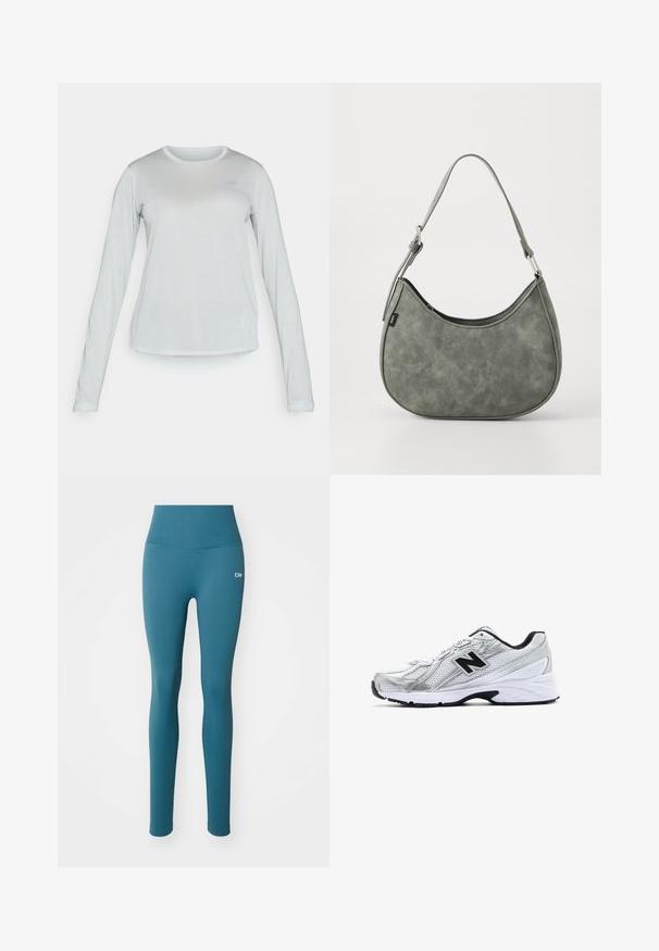 Dlhý rukáv, svetlošedá sieťovina s okrúhlym výstrihom, so subtílnym textúrovaným vzorom a malým logom na hrudi.; Tyrkysové rebrované legíny s vysokým pásom a detailom loga. Hladká textúra a priliehavý dizajn, vhodné na aktívne nosenie.; Strieborná atletická obuv s priedušným materiálom, čiernymi akcentmi, perforovaným dizajnom a polstrovanou bielou podrážkou. Obsahuje pútavé logo 'N'.; Zelená taška cez rameno z falošnej kože s zakriveným tvarom, nastaviteľným popruhom a hladkým povrchom. Obsahuje horné otváranie a minimálne švy.