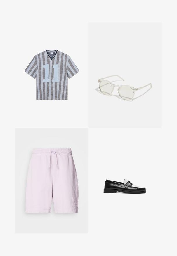 T-shirt à manches courtes rayé avec de fines bandes bleues et grises. Présente un col en V, un grand "11" bleu sur le devant, et un tissu texturé.; Shorts en coton rose avec une taille élastique et un cordon de serrage, dotés de poches avant et d'un logo "HUGO" brodé sur la jambe gauche.; Mocassin en cuir noir et blanc avec une finition brillante, présentant une semelle plate, des accents cousus et une sangle décorative sur le dessus.; Lunettes de soleil rondes avec une monture transparente, des verres vert clair et des branches fines et transparentes. Présente des accents matériels discrets sur la monture.