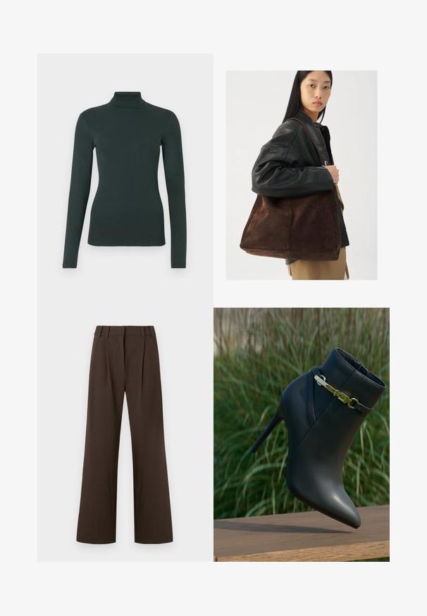 Mørkegrønn langermet turtleneck topp med tettsittende silhuett på en ensfarget hvit bakgrunn.; Brune vide bukser med høy midje, med folder foran, laget av et glatt stoff uten synlige mønstre eller detaljer.; Svart høyhælte ankelstøvlett med spiss tå og gullspenne, vist på en treflate med grønt bladverk i bakgrunnen.; Brun semsketoteveske med bred form og myk tekstur, med en enkelt stropp og minimal maskinvare mot en nøytral bakgrunn.