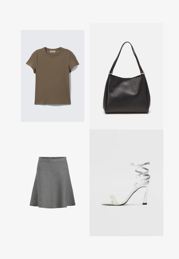 Olivenfarbene Kurzarm-T-Shirt aus weicher Baumwolle. Verfügt über einen Rundhalsausschnitt und einen geraden Schnitt, mit minimalen Nähdetails.; Grauer, ausgestellter Rock aus weichem Stoff, mit einem geschmeidigen Bund und einem Saum, der sanft ausläuft, mit einer dezenten Textur und ohne Muster.; Silberne High-Heel-Sandale mit einem glänzenden Riemen-Design, das einen perlenähnlichen Akzent und einen spiralförmigen Knöchelriemen für einen sicheren Sitz bietet.; Schwarze Handtasche aus synthetischem Leder mit weicher Textur, Hobo-Form und doppelten Schulterriemen; zeichnet sich durch ein glänzendes Finish und minimalistisches Design aus.; Set mit acht metallischen Ohrringen in Silber- und Goldtönen. Enthält verschiedene Hoops-Stile, Texturen und Oberflächen, sortiert nach Größe.