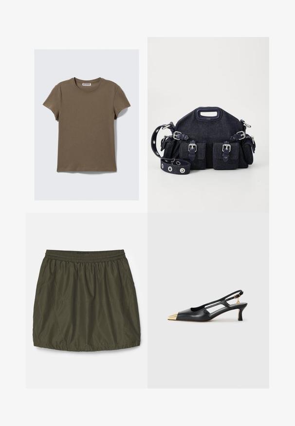 Olivno zelena majica s kratkimi rokavi iz mehkega bombažnega materiala. Ima okroglo izrezan vrat in ravno kroj, z minimalnimi šivi.; Olivno zelena, lahka krila z elastičnim pasom, nabranim teksturo, stranskimi žepi in šivanjem.; Črne usnjene sandače s koničastim nosom in zlatim kovinskim špirom. Imajo izrezljan dizajn in vitko peto z nastavljivim trakom.; Temno modra denim torba zaokrožene oblike, z več zunanjimi žepi, nastavljivim trakom in srebrnimi kovinskimi detajli. Vključena je tudi zgornja ročica.; Srebrn prstan v obliki konjske podkve, okrašen z majhnimi prozornimi kamni vzdolž zunanjega roba in osrednjim dizajnom, ki prikazuje križ.