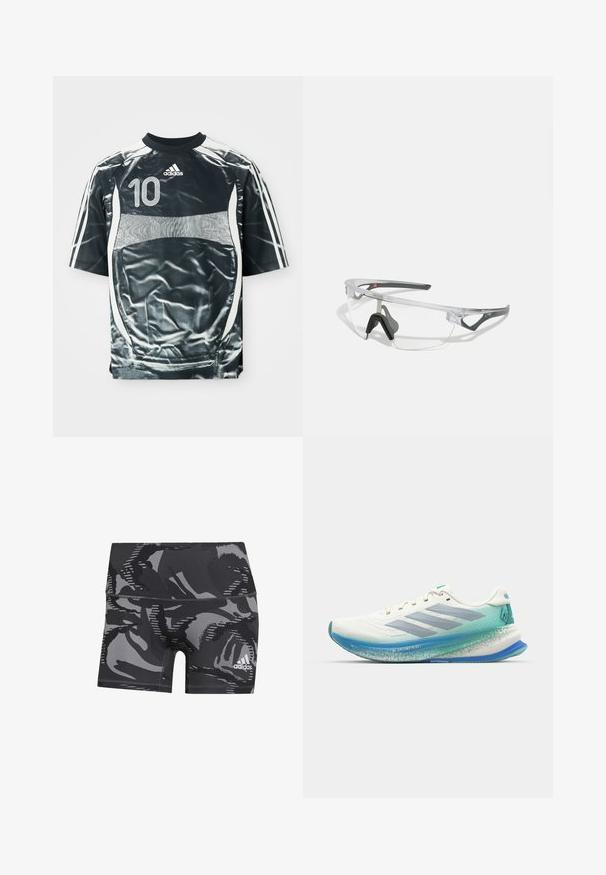 Maillot de sport Adidas noir avec le numéro 10 en blanc, des rayures blanches sur les manches et un design de panneaux blancs à l'avant et sur les côtés.; Shorts de sport noirs et gris en camouflage avec une coupe ajustée, une texture douce et un logo Adidas imprimé en blanc sur le bas à droite.; Baskets de course blanches avec une tige en mesh respirant, une semelle intermédiaire bleu clair et des accents teal. Présente un design aérodynamique et une semelle texturée.; Lunettes de sécurité transparentes avec une monture légère et transparente, et des accents gris. Dotées d'un design enveloppant et d'un nez ajustable.