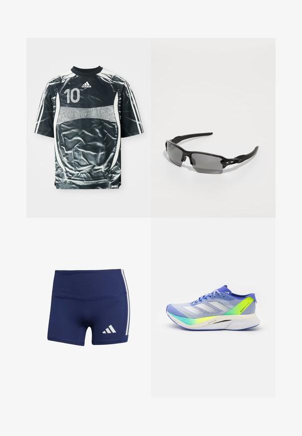 Camiseta deportiva negra de Adidas con el número 10 en blanco, franjas blancas en las mangas y un diseño de paneles blancos en el frente y los lados.; Pantalones cortos deportivos de color azul marino con un ajuste ceñido, hechos de una tela suave, con rayas blancas en los costados y un logotipo en la parte inferior izquierda.; adidas Performance ADIZERO BOSTON 12 - Zapatillas running asfalto - light blue; Gafas de sol deportivas negras con lentes grises, diseño de marco curvado y detalle del logotipo en el lateral. Fabricadas en un material plástico ligero.