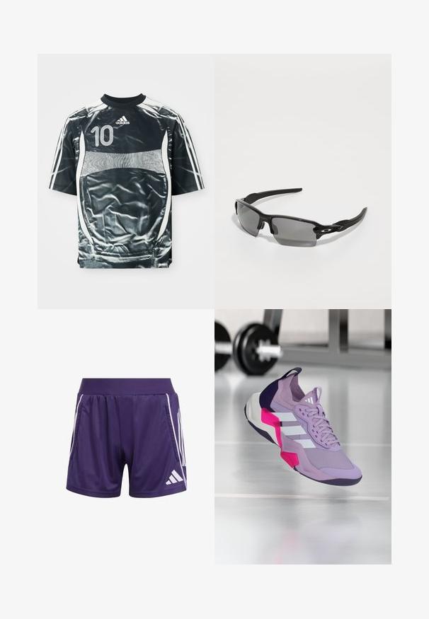 Sort Adidas sportsjersey med hvidt nummer 10, hvide striber på ærmerne og hvidt paneldesign på fronten og siderne.; Lilla atletiske shorts lavet af glat, let stof. Har hvide striber langs siderne og en elastisk talje med to lommer.; Lilla atletisk sko med mesh-overdel, hvide striber, rosa og sorte detaljer, polstret krave og en tekstureret sål, designet til præstation.; Sorte sports solbriller med grå linser, en buet rammedesign og logodetalje på siden. Fremstillet af letvægts plastmateriale.