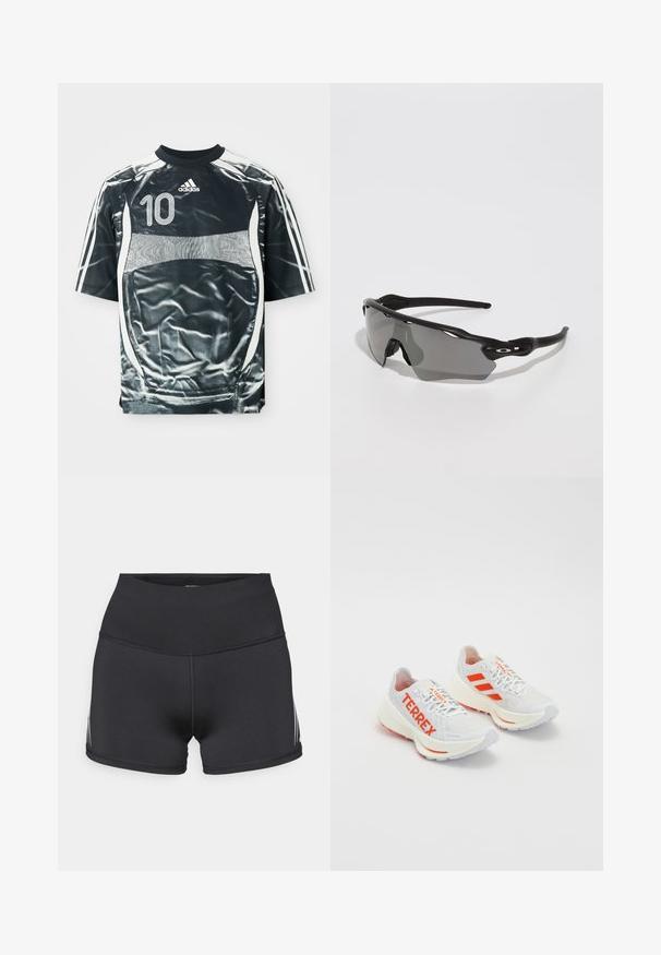 Crna Adidas sportska majica sa bijelim brojem 10, bijelim prugama na rukavima i bijelim panel dizajnom sprijeda i sa strana.; Crne sportske hlače kratke s visokim strukom, izrađene od rastezljivog materijala. Imaju bijele bočne pruge i flatlock šavove za udobnost.; Bijele tenisice za trčanje s narančastim detaljima. Mrežasti materijal, zaobljeni vrh i debeli međupodstava. "TERREX" otisnut na bočnoj strani i tri pruge na peti.; Crne sportske sunčane naočale s elegantnim dizajnom, leće koje se obavijaju oko glave, sivi tonirani stakla i teksturirane crne nogice. Nema vidljivih logotipa.