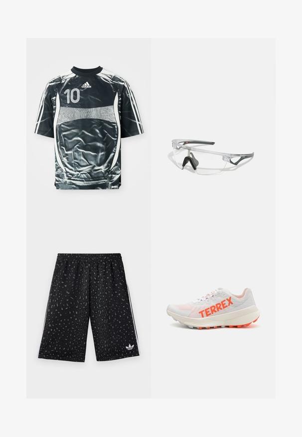 Černý sportovní dres Adidas se bílým číslem 10, bílými pruhy na rukávech a bílým designem panelů na přední části a po stranách.; Černé sportovní kraťasy s leopardím potiskem v tmavě šedé barvě. Obsahují elastický pas a bílé boční pruhy s logem.; Bílé běžecké boty s oranžovým nápisem "TERREX"; síťovinová svrchní část, polstrovaný límec a strukturovaná podešev s oranžovými akcenty. Lehký design.; Průhledné ochranné brýle s lehkým, transparentním rámem a šedými akcenty. Mají design přes hlavu a nastavitelný nosník.