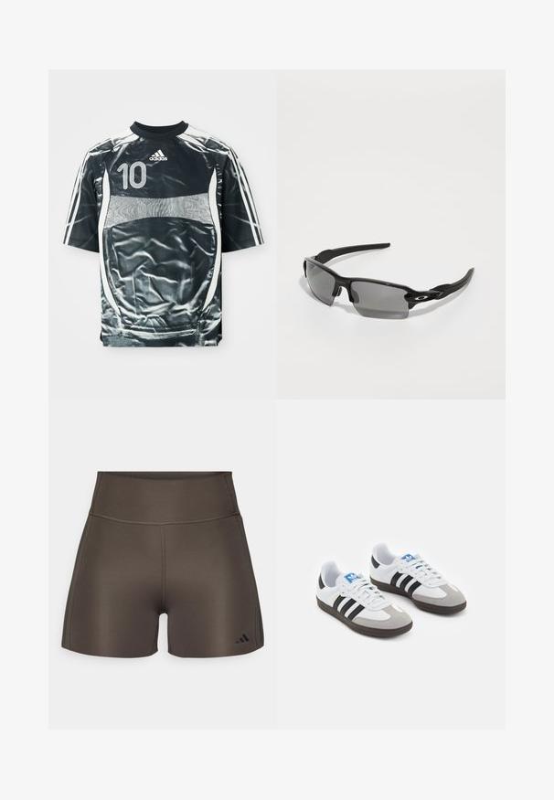 Svart Adidas sports jersey med hvit nummer 10, hvite striper på ermene, og hvit paneldesign foran og på sidene.; adidas Performance OPTIME RAW CUT HEM - Tights - shadow olive; Sportssko med en hvit skinnoverdel, grå semsket tå og tre svarte striper. Har en blå logo på tungen og en teksturert gummisåle.; Sorte sportsbriller med grå linser, en buet rammedesign og logodetaljer på siden. Laget av lett plastmateriale.