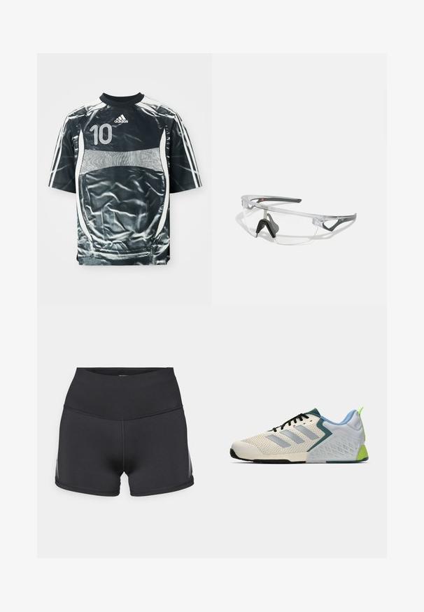 Černý sportovní dres Adidas se bílým číslem 10, bílými pruhy na rukávech a bílým designem panelů na přední části a po stranách.; Černé atletické šortky s vysokým pasem, vyrobené z pružné tkaniny. Mají bílé boční pruhy a ploché švy pro pohodlí.; Lehké sportovní boty s krémovou síťovinovou svrchní částí, šedými pruhy, zeleným akcentem a texturovaným modrým patním kontrastem. Černé tkaničky.; Průhledné ochranné brýle s lehkým, transparentním rámem a šedými akcenty. Mají design přes hlavu a nastavitelný nosník.