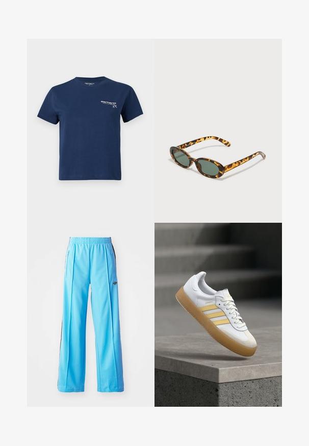 T-shirt de algodão azul-marinho com mangas curtas, decote redondo e um logótipo branco impresso no lado esquerdo da frente. Design simples, textura suave.; Calças atléticas azul claro com uma cintura elástica, fechos laterais e detalhes pretos nas laterais. Tecido macio com um design solto e de perna larga.; Tênis de couro branco com detalhes amarelos, três riscas e sola de borracha cor de chá. Apresenta biqueira arredondada e língua texturizada.; Óculos de sol de tartaruga com armações ovais, lentes verde-escuras e hastes delgadas. Apresenta um logótipo subtil na haste.