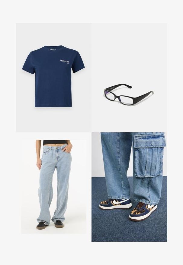 Tengerészkék pamut póló rövid ujjakkal, kerek nyakkivágással, fehér logóval a bal elülső oldalon. Egyszerű dizájn, sima textúra.; Világoskék farmernadrág, laza szabással, öt zsebes dizájnnal, arany színű fémalkatrészekkel és diszkrét hímzett logóval az elülső zseben.; Tengerészes kék sportcipő leopárdmintás részletekkel, fehér Nike logóval, barna fűzőkkel és fehér középtalppal. Világoskék farmer térdnadrággal párosítva.; Fekete téglalap alakú szemüveg, átlátszó lencsékkel. Fényes felület, keskeny szárak, és lila árnyalat látható a lencsék szélén.