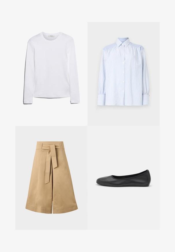 Wit T-shirt met lange mouwen, gemaakt van ribgebreide katoen, met een ronde halslijn en een rechte zoom. Eenvoudig ontwerp zonder patronen of accenten.; Lichtblauw gestreept overhemd met knopen, een kraag, opgeblazen mouwen en elastische manchetten. Gelaagde schouderaccenten contrasteren met de gladde stof.; Khaki midi wikkeltaille rok met een strikceintuur, gemaakt van lichtgewicht katoen, met een uitlopende silhouet en zichtbare stiksels.; Zwarte leren ballerina met een ronde neus, gladde textuur, minimale stikdetails en een flexibele zoolontwerp.