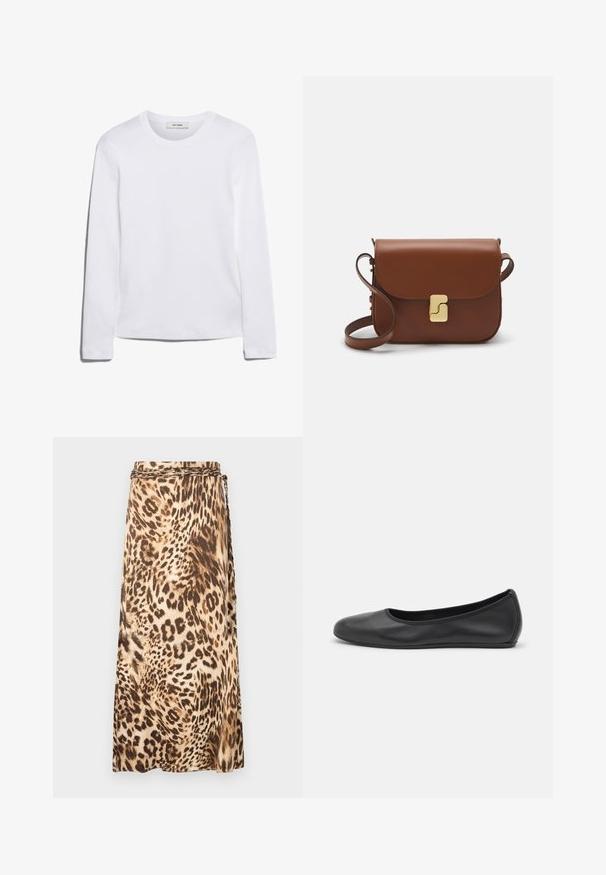 Long-sleeve white T-shirt made of ribbed cotton, featuring a round neckline and a straight hem. Simple design with no patterns or accents.; Leopard-print, flowy maxi skirt in beige and brown tones with a braided waistband detail. Smooth fabric with a draped silhouette.; Black leather ballet flat with a rounded toe, smooth texture, minimal stitching detail, and a flexible sole design.; Brown leather handbag with a flap closure, gold-tone hardware, a shoulder strap, and a smooth texture. Compact rectangular shape.