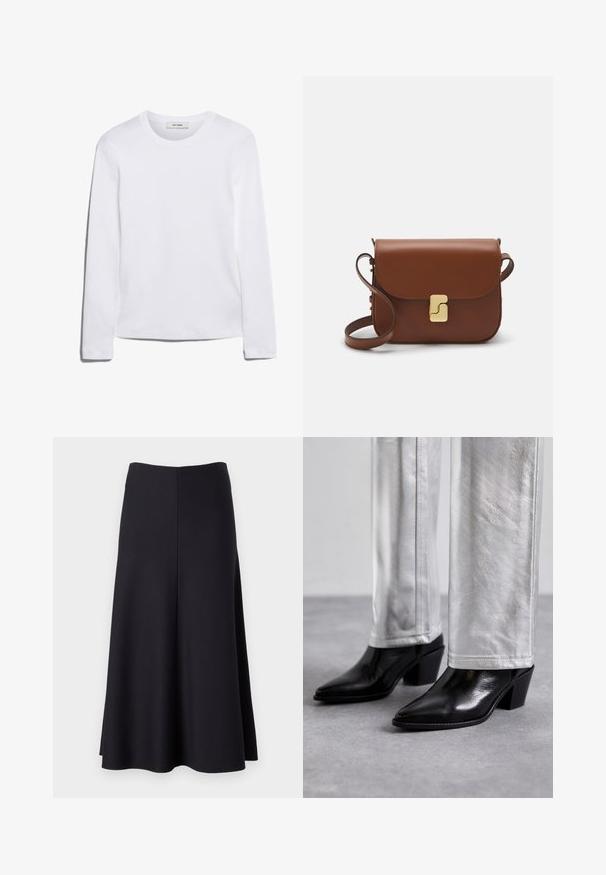 Pitkähihainen valkoinen T-paita, joka on valmistettu ribbitetystä puuvillasta, ja siinä on pyöreä kaula-aukko sekä suora helma. Yksinkertainen muotoilu ilman kuvioita tai yksityiskohtia.; Mustan levenevän hameen pehmeä kangas, jossa on sileä pinta, polvipituinen leikkaus ja yksinkertainen, siisti muotoilma ilman näkyviä kiinnityksiä.; Mustat nahkaiset nilkkakengät, joissa on terävä kärki ja lohkare korko, yhdistettyinä kiiltävien hopeisten housujen kanssa, tuoden esiin tyylikkäitä tekstuureja ja kontrastoivia värejä.; Ruskea nahkainen käsilaukku, jossa on läppäkiinnitys, kultasävyiset yksityiskohdat, olkahihna ja sileä pinta. Kompaktin suorakaiteen muotoinen.