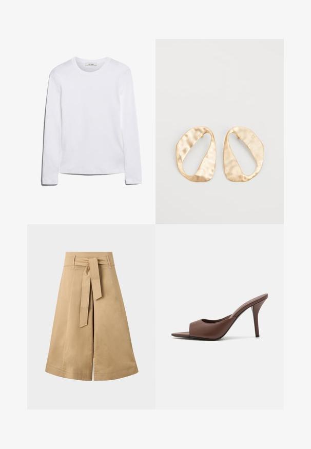 Long-sleeve white T-shirt made of ribbed cotton, featuring a round neckline and a straight hem. Simple design with no patterns or accents.; Khaki midi wrap skirt with a tie belt, made of lightweight cotton, featuring a flared silhouette and visible stitching details.; Brown leather open-toe high-heeled mules with a sleek design, featuring a wide front strap and a slender stiletto heel.; Pair of irregular oval-shaped gold-toned metal earrings with a textured, slightly hammered surface on a white background.
