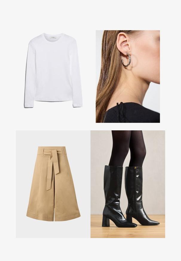 Bílé tričko s dlouhým rukávem vyrobené z žebrované bavlny, s kulatým výstřihem a rovnými lemy. Jednoduchý design bez vzorů nebo akcentů.; Khaki midi zavinovací sukně s páskem na zavázání, vyrobená z lehké bavlny, s vysoce rozšířenou siluetou a viditelnými švy.; Černé kožené boty nad kolena s lesklým povrchem, špičatou špičkou a silným podpatkem. Boční zip pro snadné obutí.; Stříbrný kruhový náušník s lesklým povrchem, zdobený malými zlatými akcenty, v kulatém tvaru, nošený na lalůčku.