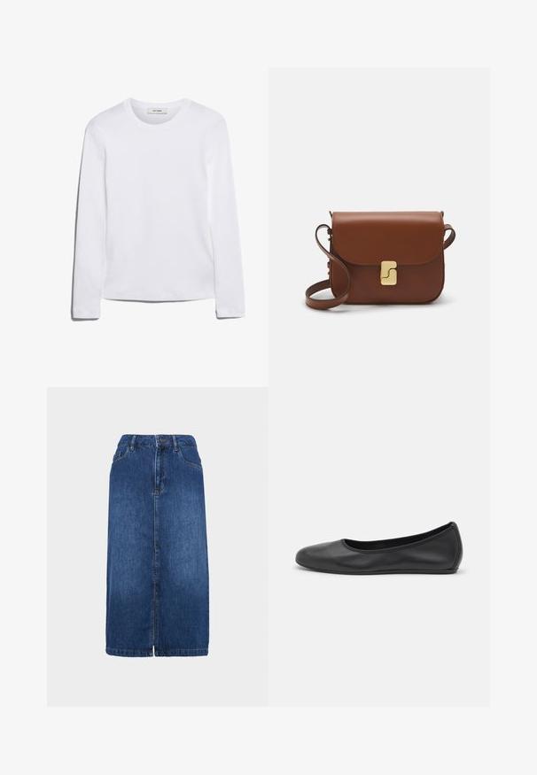 Tricou alb cu mânecă lungă, din bumbac cu dungi, având decolteu rotund și tiv drept. Design simplu, fără modele sau accente.; Fustă din denim de culoare albastru închis, cu o croială dreaptă, de lungime medie, cu închidere prin butoane în față și detalii de coasere subtile. Marginile sunt ușor destrămate.; Balerini din piele neagră, cu vârf rotund, textură netedă, detalii de cusătură minimale și un design al tălpii flexibil.; Geantă de piele maro cu închidere tip capac, accesorii de culoare aurie, curea de umăr și o textură netedă. Formă compactă și rectangulară.