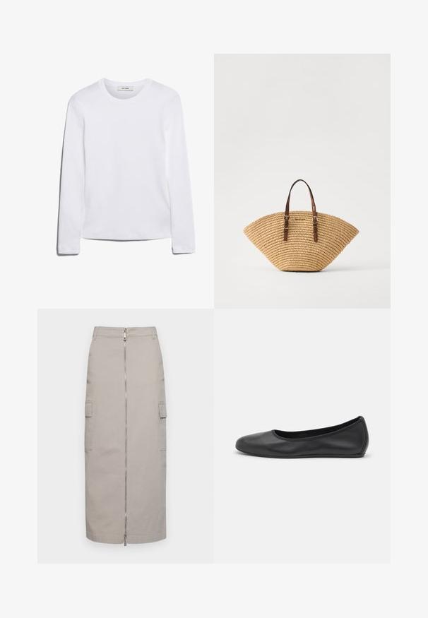 Camiseta de manga larga blanca hecha de algodón acanalado, con un cuello redondo y un dobladillo recto. Diseño simple sin patrones ni acentos.; Falda gris hasta la rodilla hecha de algodón, con cremallera frontal y dos bolsillos laterales, que presenta un corte recto y líneas limpias.; Bailarina de piel negra con punta redondeada, textura suave, detalle de costura minimalista y diseño de suela flexible.; Bolso de paja en forma de abanico, con asas de cuero marrón y una textura tejida. Color natural bronceado con una superficie lisa y detalles de acento mínimos.