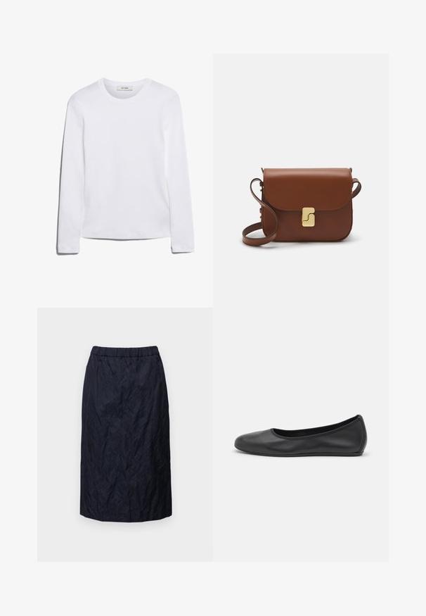 Dlhý rukáv biely tričko vyrobené z rebrovanej bavlny, s okrúhlym výstrihom a rovnými okrajmi. Jednoduchý dizajn bez vzorov alebo akcentov.; Námorníckomodrá ceruzková sukňa z mäkkej, krčenej látky, s elastickým pásom, po kolená a hladkou textúrou.; Čierne kožené baleríny s okrúhlou špičkou, hladkým povrchom, minimálnym prešívaním a flexibilným dizajnom podrážky.; Hnedá kožená kabelka s klopou, zlatými kovovými prvkami, ramenným popruhom a hladkým povrchom. Kompaktný obdĺžnikový tvar.