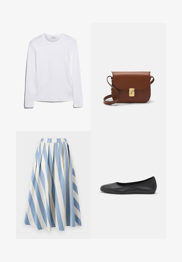 T-shirt blanc à manches longues en coton côtelé, avec un col rond et un ourlet droit. Design simple sans motifs ni accents.; Jupe plissée avec des rayures diagonales alternées bleu clair et crème. Elle dispose d'une taille élastique et d'une texture en coton doux.; Ballerines en cuir noir avec un bout rond, texture lisse, détails de couture minimalistes et design de semelle flexible.; Sac à main en cuir marron avec une fermeture à rabat, des accents en métal doré, une bandoulière et une texture lisse. Forme rectangulaire compacte.