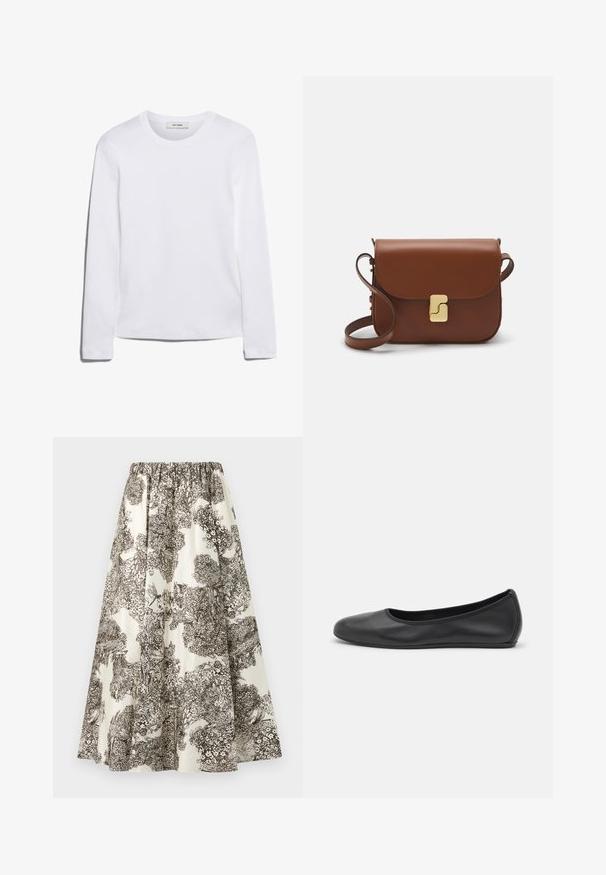 T-shirt blanc à manches longues en coton côtelé, avec un col rond et un ourlet droit. Design simple sans motifs ni accents.; Jupe maxi en tissu crème avec imprimé botanique marron. Présente une taille élastique et un design fluide. Motif texturé et détaillé sur l'ensemble.; Ballerines en cuir noir avec un bout rond, texture lisse, détails de couture minimalistes et design de semelle flexible.; Sac à main en cuir marron avec une fermeture à rabat, des accents en métal doré, une bandoulière et une texture lisse. Forme rectangulaire compacte.