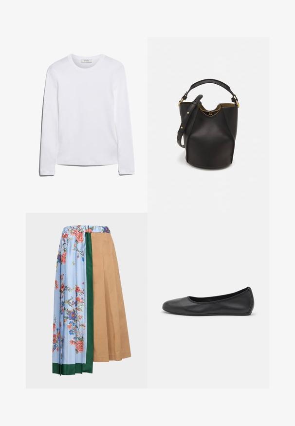 Camiseta de manga larga blanca hecha de algodón acanalado, con un cuello redondo y un dobladillo recto. Diseño simple sin patrones ni acentos.; WEEKEND MaxMara OPEROSO - Falda acampanada - beige; Bailarina de piel negra con punta redondeada, textura suave, detalle de costura minimalista y diseño de suela flexible.; Bolso de cubo negro de cuero con un acabado texturizado, acentos de hardware dorado y parte superior abierta. Cuenta con un asa corta y una correa de hombro ajustable.