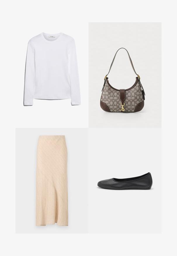 Langermet hvit T-skjorte laget av ribbet bomull, med rund halslinning og rett kant. Enkel design uten mønstre eller aksenter.; Beige midi skjørt med diagonal ribbekonstruksjon, med asymmetrisk kant og myk vevd stoff. Glatt overflate, lett design.; Svart skinnballettflatt med rund tå, glatt tekstur, minimal sømdetalj, og et fleksibelt såledesign.; COACH HAMPTONS HOBO BAG IN SIGNATURE JACQUARD - Håndveske - oak maple