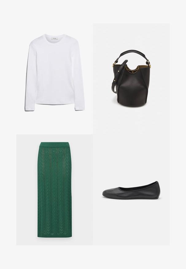 Langærmet hvid T-shirt lavet af ribbet bomuld, med rund halsudskæring og lige kant. Simpelt design uden mønstre eller accenter.; Strikket grøn nederdel med et herringbone-mønster, bred talje og en mellemlang længde med en struktureret overflade.; Sort læderballetsko med rund tå, glat tekstur, minimal syning og et fleksibelt såldesign.; Sort læder bucket taske med en struktureret overflade, guld hardware detaljer og en åben top. Har et kort håndtag og justerbar skulderrem.