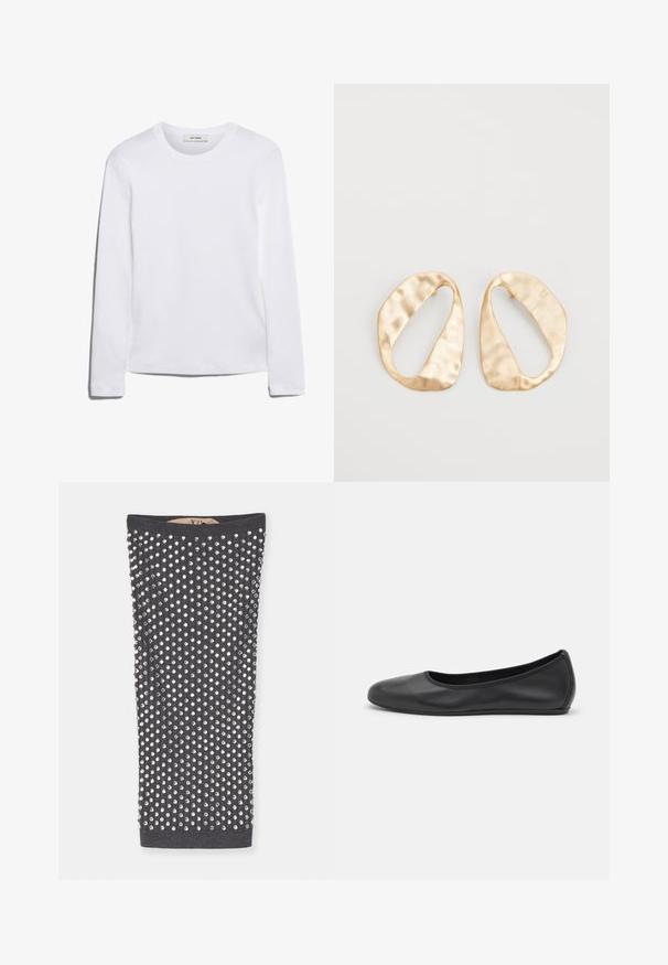 Camisola de manga longa branca feita de algodão canelado, com um decote redondo e uma bainha reta. Design simples, sem padrões ou detalhes.; Top de tubo cinza carvão adornado com strass prateados em padrão de grelha, apresentando uma textura canelada e um interior suave.; Bailarina preta em pele com bico arredondado, textura suave, detalhe de costura minimalista e design de sola flexível.; Par de brincos irregulares em forma oval, feitos de metal dourado, com uma superfície texturizada e ligeiramente martelada, sobre um fundo branco.