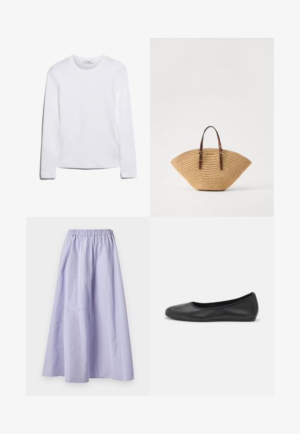 Bieza piedurkņu balta T-krekls, izgatavots no ribota kokvilnas, ar apaļu kakla izgriezumu un taisnu apakšmalu. Vienkāršs dizains bez rakstiem vai akcentiem.; Lavandas krāsas platās kājas svārki izgatavoti no viegla auduma, ar elastīgu jostasvietu, gludu tekstūru un plūstošu siluetu.; Melna ādas baleta kurpe ar noapaļotu purngalu, gludu tekstūru, minimālu šuvju detalizāciju un elastīgu zoles dizainu.; Salmu soma ar ventilatora formu, brūni ādas rokturi un teksturētu austu virsmu. Dabiska brūna krāsa ar gludu virsmu un minimālas akcentu detaļas.