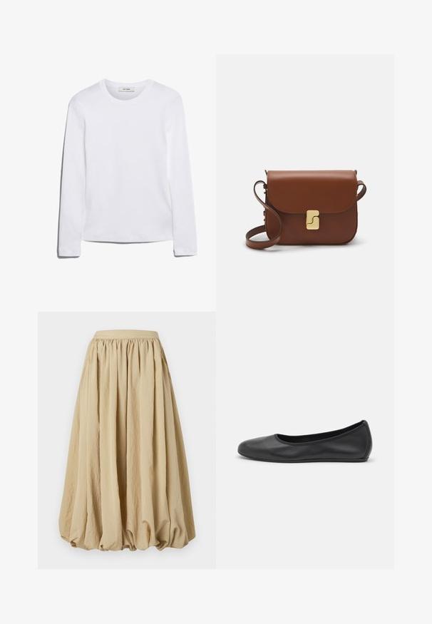 Dlhý rukáv biely tričko vyrobené z rebrovanej bavlny, s okrúhlym výstrihom a rovnými okrajmi. Jednoduchý dizajn bez vzorov alebo akcentov.; Beige midi sukňa s nastaveným pásom, prúdiacou tkaninou a objemovým strihom, so štruktúrovaným povrchom a jemnými vráskami.; Čierne kožené baleríny s okrúhlou špičkou, hladkým povrchom, minimálnym prešívaním a flexibilným dizajnom podrážky.; Hnedá kožená kabelka s klopou, zlatými kovovými prvkami, ramenným popruhom a hladkým povrchom. Kompaktný obdĺžnikový tvar.